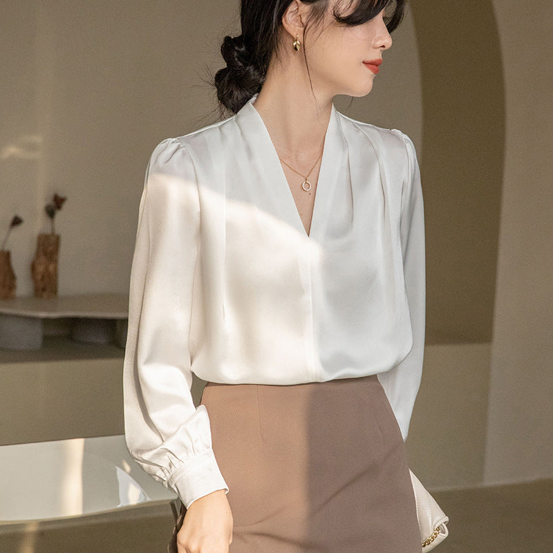 V-Neck Acetate Satin Shirt for Women