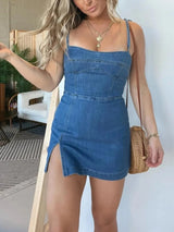 Square Neck Suspender Split Denim Dress With Back Zipper Design Summer Fashion Slim Sling Short Dresses For Women