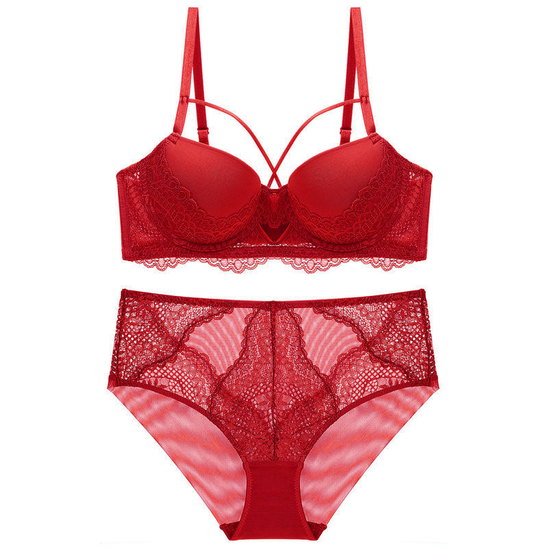 French Lace Splicing Hollow-out Sexy Bra Suit