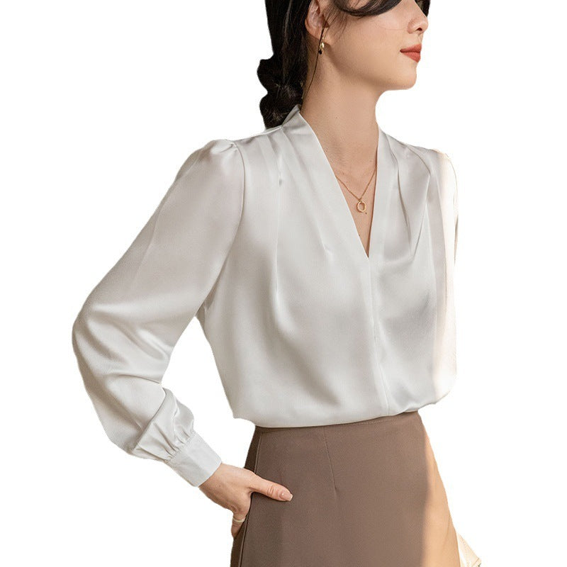 V-Neck Acetate Satin Shirt for Women