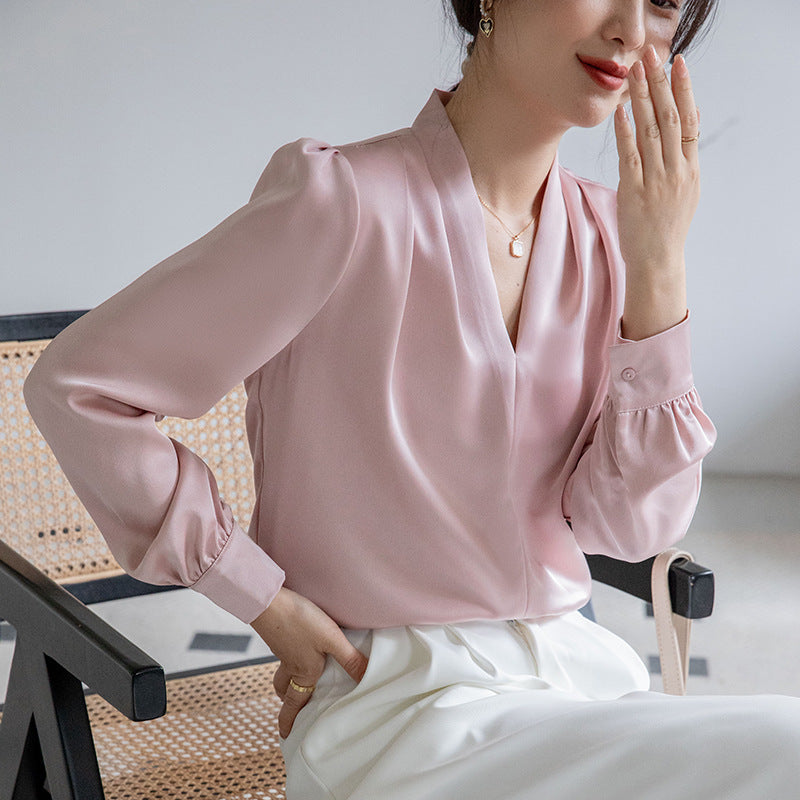 V-Neck Acetate Satin Shirt for Women