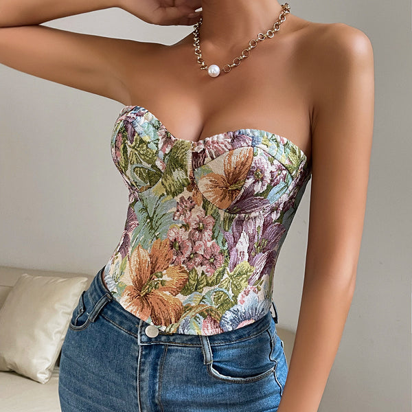 Y2K Floral Print Tube Vest Top With Back-tied Design INS Fashion Crop Corset Tank For Women Clothing