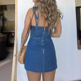 Square Neck Suspender Split Denim Dress With Back Zipper Design Summer Fashion Slim Sling Short Dresses For Women