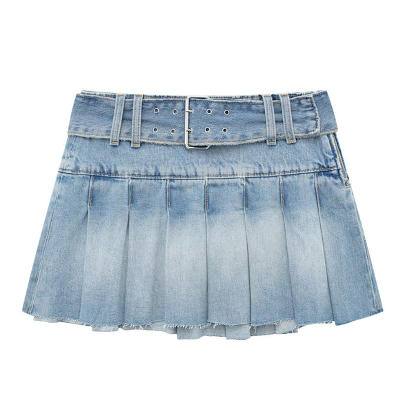 Wide Pleated Waistband Mini Denim Skirt