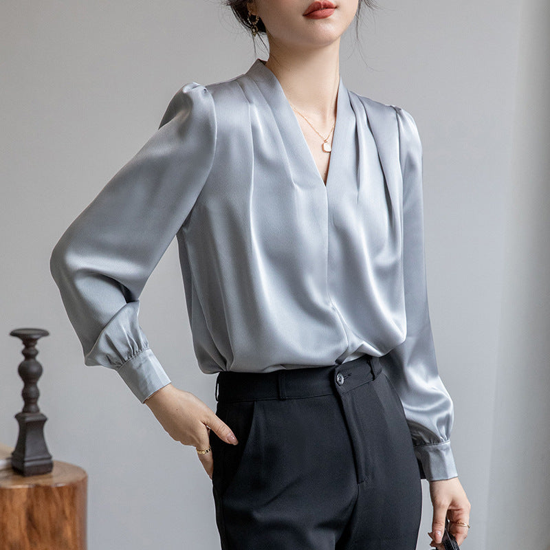 V-Neck Acetate Satin Shirt for Women