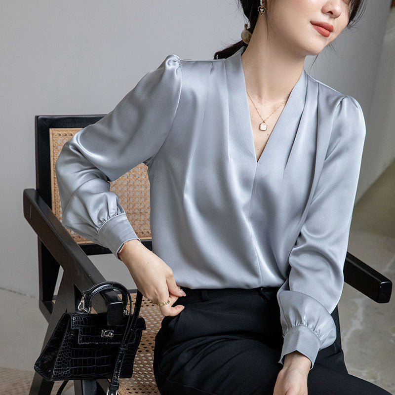 V-Neck Acetate Satin Shirt for Women